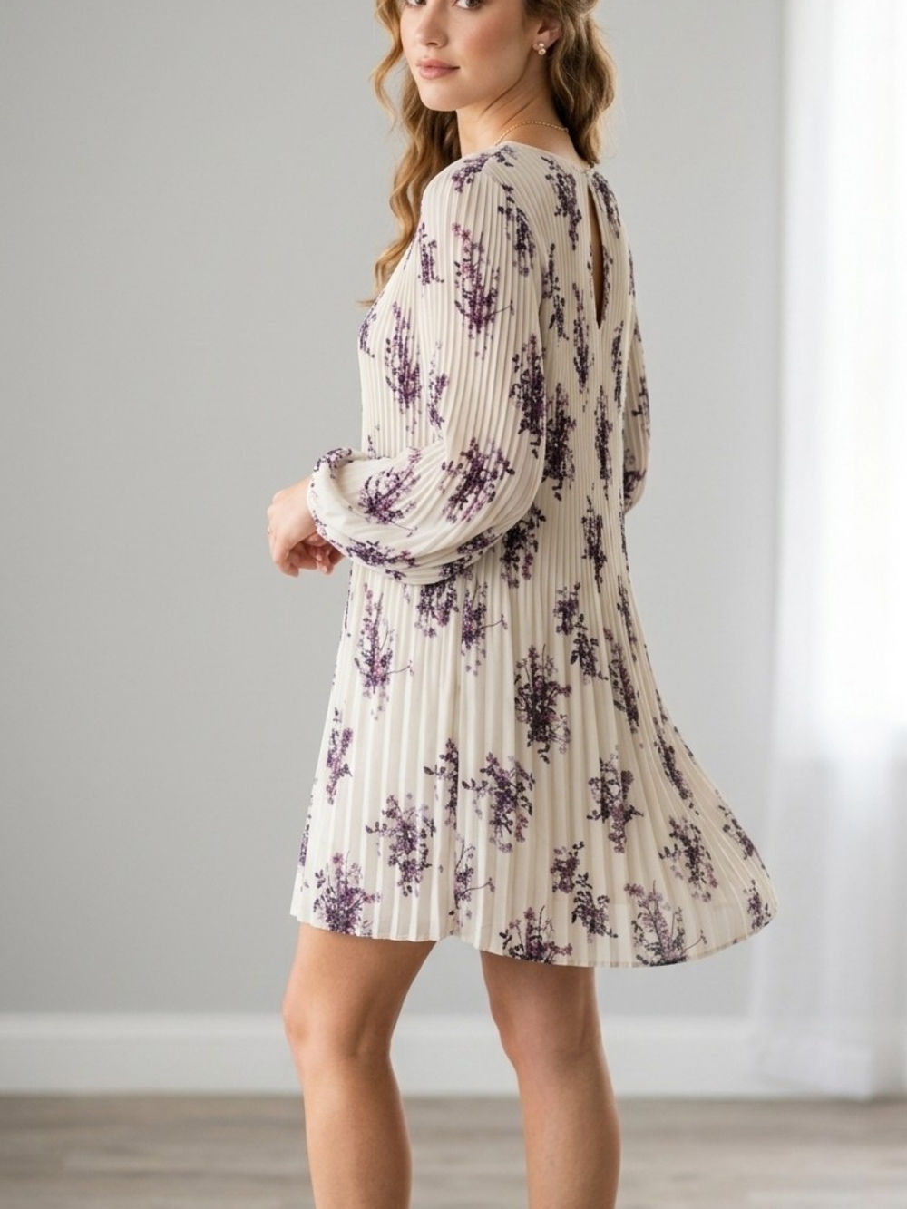 Dex Cream Pleated Mini Dress with Purple Floral Print